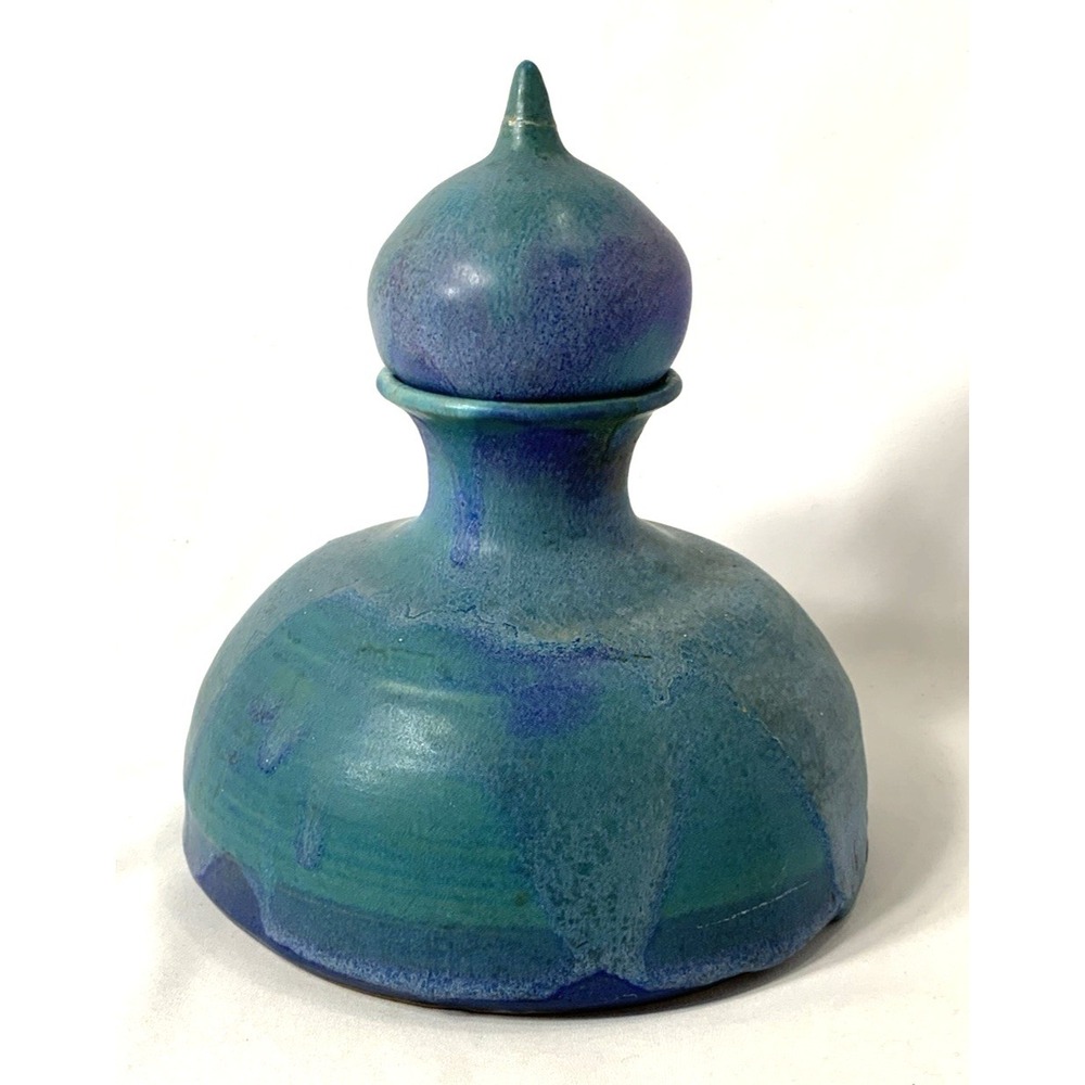 Art Pottery Jar With Lid Blue Drip Glaze Matte Onion Dome Signed Repaired